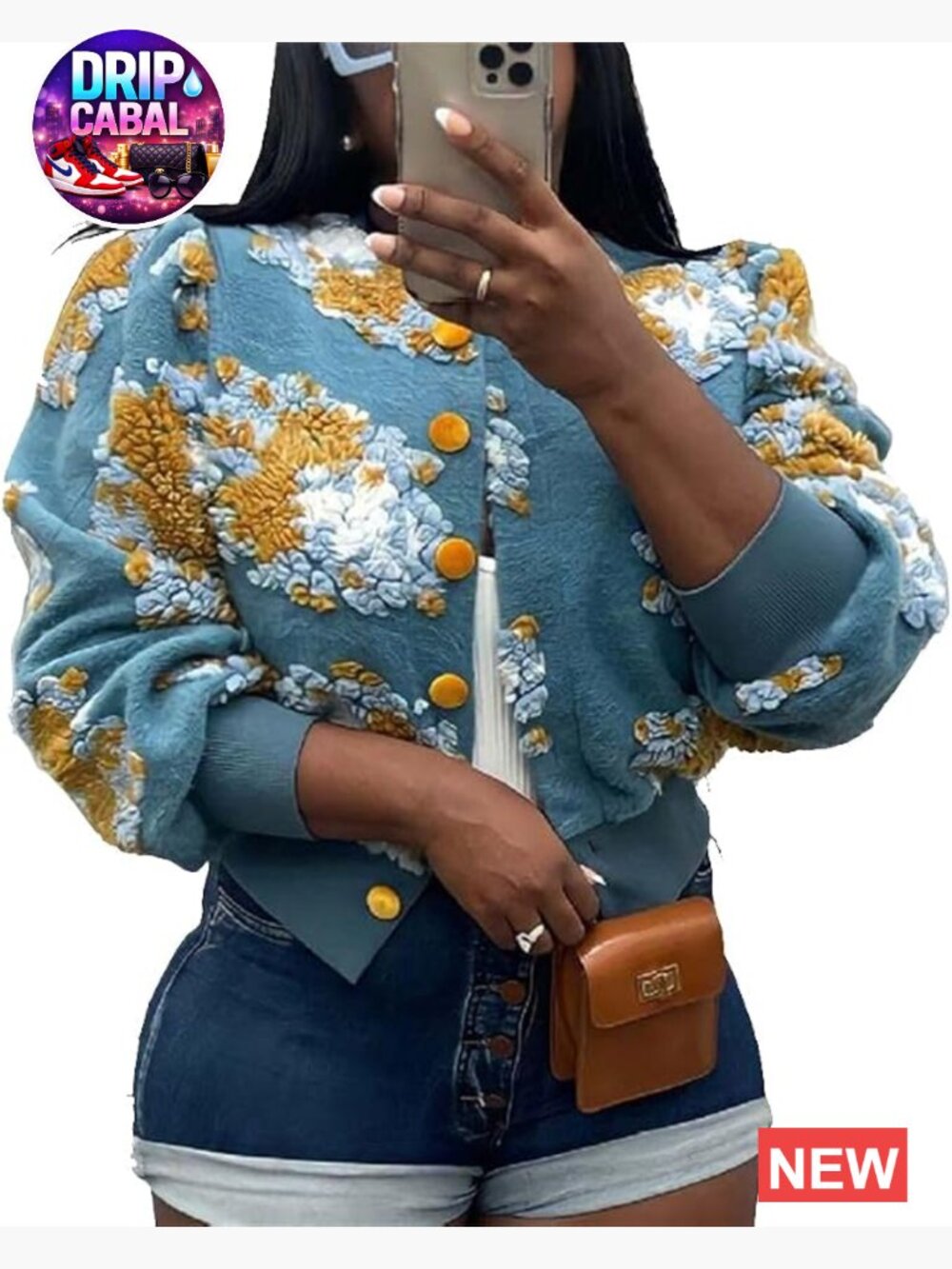 Cropped Floral Print Fleece Bomber Jacket Casual Puff Sleeve Button Down Coat